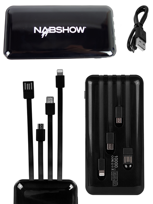 NAB Show - 10000mAh Polymer Power Bank with Build-In Charging Cables - Black